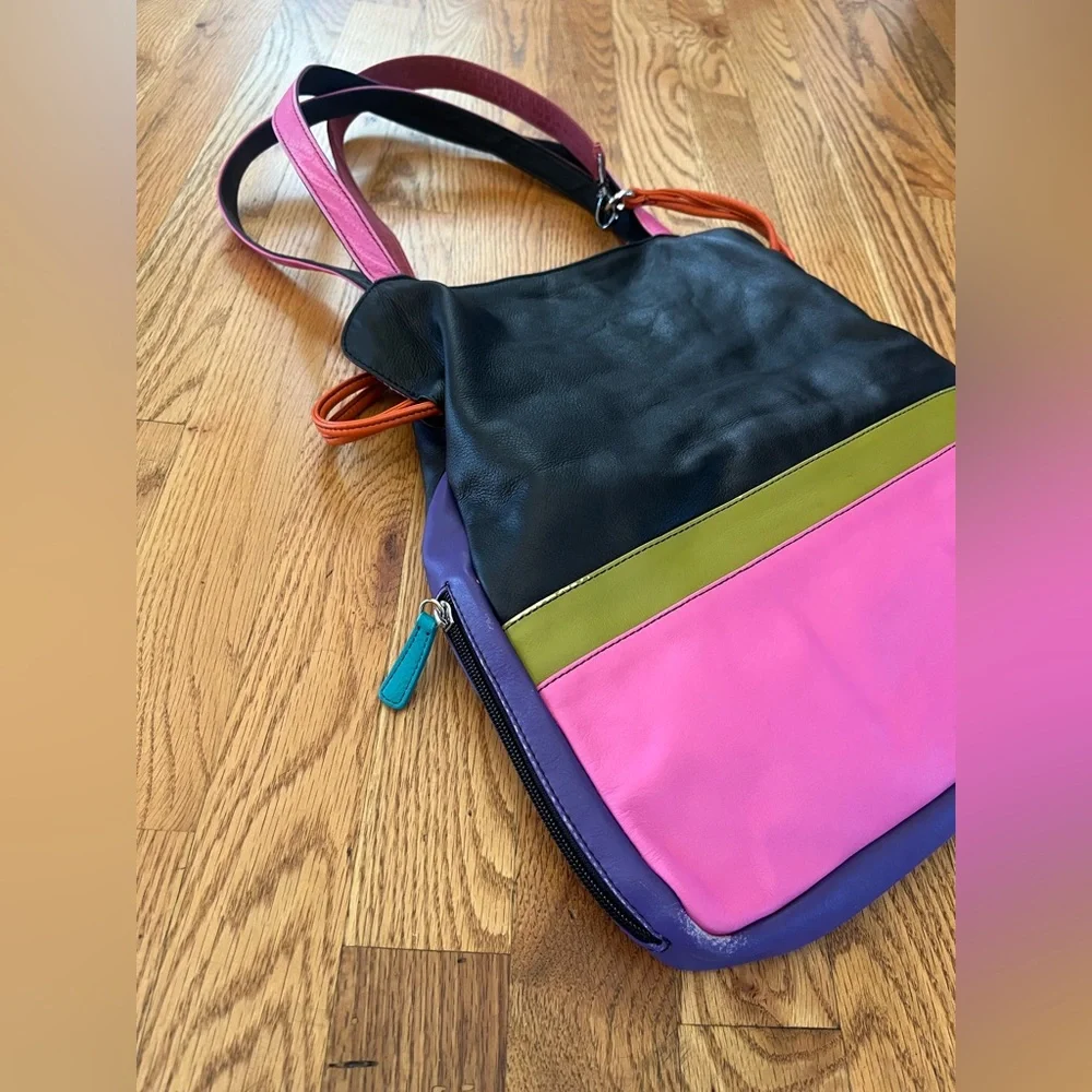 ILI New York Leather Color Block Purse Drawstring Shoulder Multicolor Bright